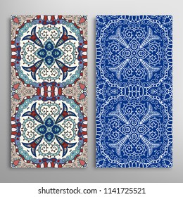 Vertical seamless patterns set, floral geometric lace texture for Wedding, Valentine's day, greeting cards or Birthday Invitations. Decorative seamless backgrounds. Ethnic ornament, border pattern