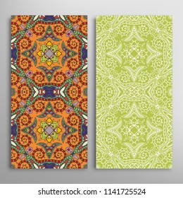 Vertical seamless patterns set, floral geometric lace texture for Wedding, Valentine's day, greeting cards or Birthday Invitations. Decorative seamless backgrounds. Ethnic ornament, border pattern