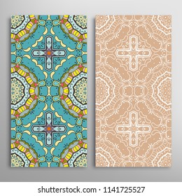 Vertical seamless patterns set, floral geometric lace texture for Wedding, Valentine's day, greeting cards or Birthday Invitations. Decorative seamless backgrounds. Ethnic ornament, border pattern