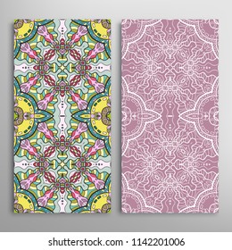 Vertical seamless patterns set, floral geometric lace texture for Wedding, Valentine's day, greeting cards or Birthday Invitations. Decorative seamless backgrounds. Ethnic ornament, border pattern