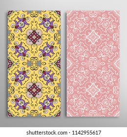 Vertical seamless patterns set, floral geometric lace texture for Wedding, Valentine's day, greeting cards or Birthday Invitations. Decorative seamless backgrounds. Ethnic ornament, border pattern