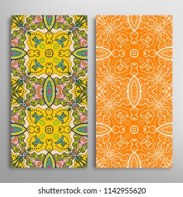 Vertical seamless patterns set, floral geometric lace texture for Wedding, Valentine's day, greeting cards or Birthday Invitations. Decorative seamless backgrounds. Ethnic ornament, border pattern