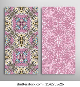 Vertical seamless patterns set, floral geometric lace texture for Wedding, Valentine's day, greeting cards or Birthday Invitations. Decorative seamless backgrounds. Ethnic ornament, border pattern