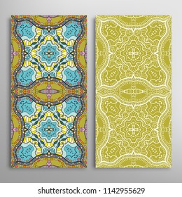 Vertical seamless patterns set, floral geometric lace texture for Wedding, Valentine's day, greeting cards or Birthday Invitations. Decorative seamless backgrounds. Ethnic ornament, border pattern