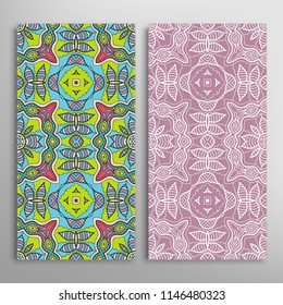 Vertical seamless patterns set, floral geometric lace texture for Wedding, Valentine's day, greeting cards or Birthday Invitations. Decorative seamless backgrounds. Ethnic ornament, border pattern