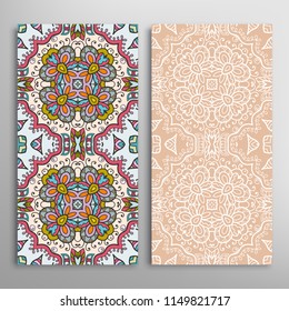 Vertical seamless patterns set, floral geometric lace texture for Wedding, Valentine's day, greeting cards or Birthday Invitations. Decorative seamless backgrounds. Ethnic ornament, border pattern