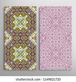 Vertical seamless patterns set, floral geometric lace texture for Wedding, Valentine's day, greeting cards or Birthday Invitations. Decorative seamless backgrounds. Ethnic ornament, border pattern