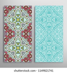 Vertical seamless patterns set, floral geometric lace texture for Wedding, Valentine's day, greeting cards or Birthday Invitations. Decorative seamless backgrounds. Ethnic ornament, border pattern