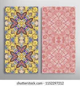 Vertical seamless patterns set, floral geometric lace texture for Wedding, Valentine's day, greeting cards or Birthday Invitations. Decorative seamless backgrounds. Ethnic ornament, border pattern