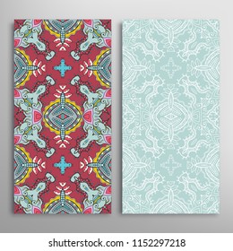 Vertical seamless patterns set, floral geometric lace texture for Wedding, Valentine's day, greeting cards or Birthday Invitations. Decorative seamless backgrounds. Ethnic ornament, border pattern