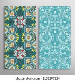 Vertical seamless patterns set, floral geometric lace texture for Wedding, Valentine's day, greeting cards or Birthday Invitations. Decorative seamless backgrounds. Ethnic ornament, border pattern