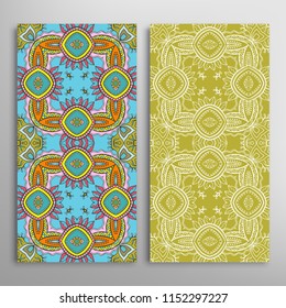 Vertical seamless patterns set, floral geometric lace texture for Wedding, Valentine's day, greeting cards or Birthday Invitations. Decorative seamless backgrounds. Ethnic ornament, border pattern