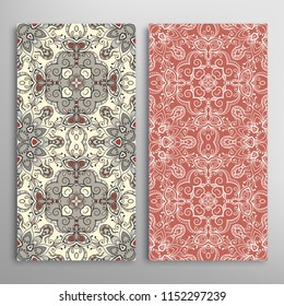 Vertical seamless patterns set, floral geometric lace texture for Wedding, Valentine's day, greeting cards or Birthday Invitations. Decorative seamless backgrounds. Ethnic ornament, border pattern