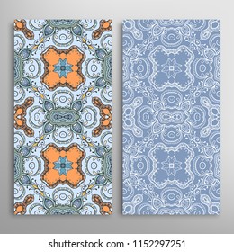 Vertical seamless patterns set, floral geometric lace texture for Wedding, Valentine's day, greeting cards or Birthday Invitations. Decorative seamless backgrounds. Ethnic ornament, border pattern