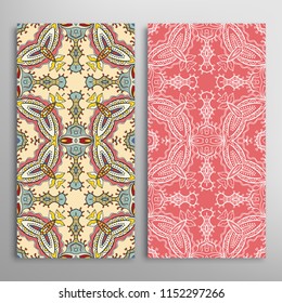 Vertical seamless patterns set, floral geometric lace texture for Wedding, Valentine's day, greeting cards or Birthday Invitations. Decorative seamless backgrounds. Ethnic ornament, border pattern