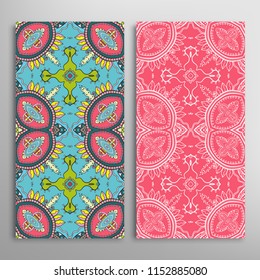 Vertical seamless patterns set, floral geometric lace texture for Wedding, Valentine's day, greeting cards or Birthday Invitations. Decorative seamless backgrounds. Ethnic ornament, border pattern