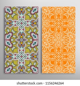 Vertical seamless patterns set, floral geometric lace texture for Wedding, Valentine's day, greeting cards or Birthday Invitations. Decorative seamless backgrounds. Ethnic ornament, border pattern