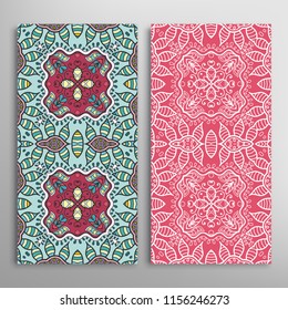 Vertical seamless patterns set, floral geometric lace texture for Wedding, Valentine's day, greeting cards or Birthday Invitations. Decorative seamless backgrounds. Ethnic ornament, border pattern
