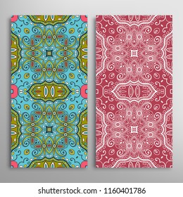 Vertical seamless patterns set, floral geometric lace texture for Wedding, Valentine's day, greeting cards or Birthday Invitations. Decorative seamless backgrounds. Ethnic ornament, border pattern
