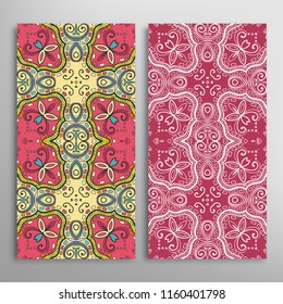 Vertical seamless patterns set, floral geometric lace texture for Wedding, Valentine's day, greeting cards or Birthday Invitations. Decorative seamless backgrounds. Ethnic ornament, border pattern
