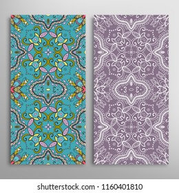 Vertical seamless patterns set, floral geometric lace texture for Wedding, Valentine's day, greeting cards or Birthday Invitations. Decorative seamless backgrounds. Ethnic ornament, border pattern