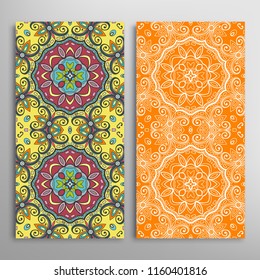 Vertical seamless patterns set, floral geometric lace texture for Wedding, Valentine's day, greeting cards or Birthday Invitations. Decorative seamless backgrounds. Ethnic ornament, border pattern