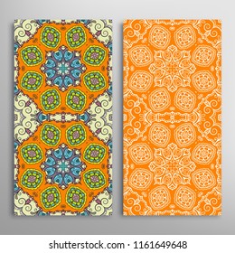 Vertical seamless patterns set, floral geometric lace texture for Wedding, Valentine's day, greeting cards or Birthday Invitations. Decorative seamless backgrounds. Ethnic ornament, border pattern