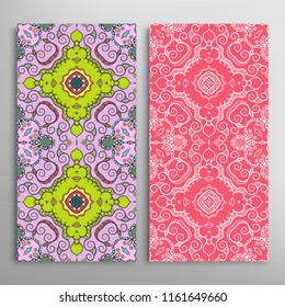 Vertical seamless patterns set, floral geometric lace texture for Wedding, Valentine's day, greeting cards or Birthday Invitations. Decorative seamless backgrounds. Ethnic ornament, border pattern