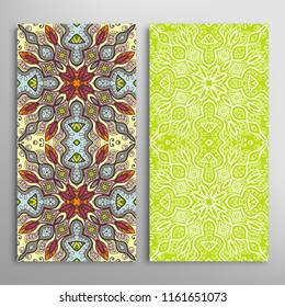 Vertical seamless patterns set, floral geometric lace texture for Wedding, Valentine's day, greeting cards or Birthday Invitations. Decorative seamless backgrounds. Ethnic ornament, border pattern