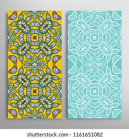 Vertical seamless patterns set, floral geometric lace texture for Wedding, Valentine's day, greeting cards or Birthday Invitations. Decorative seamless backgrounds. Ethnic ornament, border pattern