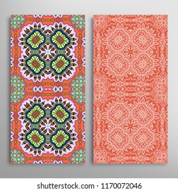 Vertical seamless patterns set, floral geometric lace texture for Wedding, Valentine's day, greeting cards or Birthday Invitations. Decorative seamless backgrounds. Ethnic ornament, border pattern
