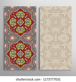 Vertical seamless patterns set, floral geometric lace texture for Wedding, Valentine's day, greeting card or Birthday Invitation. Decorative seamless doodle backgrounds. Ethnic ornament border pattern