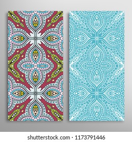 Vertical seamless patterns set, floral geometric lace texture for Wedding, Valentine's day, greeting card or Birthday Invitation. Decorative seamless doodle backgrounds. Ethnic ornament border pattern