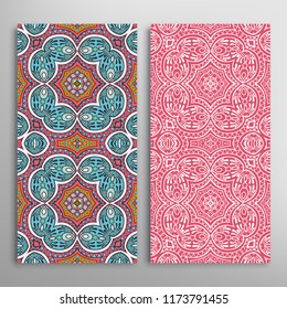 Vertical seamless patterns set, floral geometric lace texture for Wedding, Valentine's day, greeting card or Birthday Invitation. Decorative seamless doodle backgrounds. Ethnic ornament border pattern