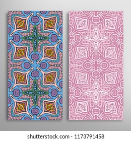 Vertical seamless patterns set, floral geometric lace texture for Wedding, Valentine's day, greeting card or Birthday Invitation. Decorative seamless doodle backgrounds. Ethnic ornament border pattern