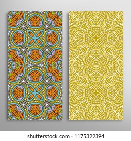 Vertical seamless patterns set, floral geometric lace texture for Wedding, Valentine's day, greeting card or Birthday Invitation. Decorative seamless doodle backgrounds. Ethnic ornament border pattern