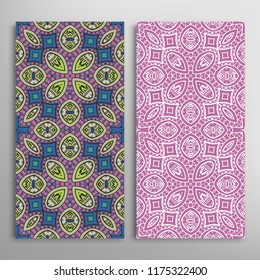 Vertical seamless patterns set, floral geometric lace texture for Wedding, Valentine's day, greeting card or Birthday Invitation. Decorative seamless doodle backgrounds. Ethnic ornament border pattern