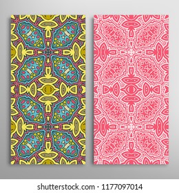 Vertical seamless patterns set, floral geometric lace texture for Wedding, Valentine's day, greeting card or Birthday Invitation. Decorative seamless doodle backgrounds. Ethnic ornament border pattern