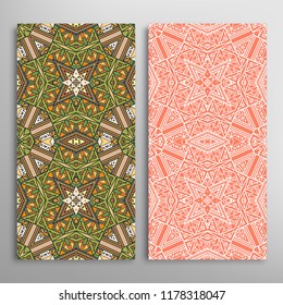 Vertical seamless patterns set, floral geometric lace texture for Wedding, Valentine's day, greeting card or Birthday Invitation. Decorative seamless doodle backgrounds. Ethnic ornament border pattern