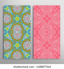 Vertical seamless patterns set, floral geometric lace texture for Wedding, Valentine's day, greeting card or Birthday Invitation. Decorative seamless doodle backgrounds. Ethnic ornament border pattern