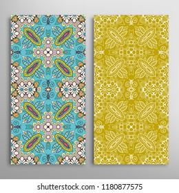 Vertical seamless patterns set, floral geometric lace texture for Wedding, Valentine's day, greeting card or Birthday Invitation. Decorative seamless doodle backgrounds. Ethnic ornament border pattern