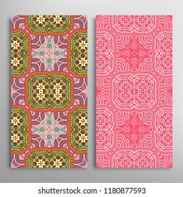 Vertical seamless patterns set, floral geometric lace texture for Wedding, Valentine's day, greeting card or Birthday Invitation. Decorative seamless doodle backgrounds. Ethnic ornament border pattern