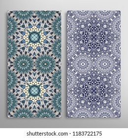 Vertical seamless patterns set, floral geometric lace texture for Wedding, Valentine's day, greeting card or Birthday Invitation. Decorative seamless doodle backgrounds. Ethnic ornament border pattern
