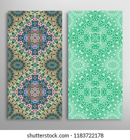 Vertical seamless patterns set, floral geometric lace texture for Wedding, Valentine's day, greeting card or Birthday Invitation. Decorative seamless doodle backgrounds. Ethnic ornament border pattern