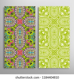 Vertical seamless patterns set, floral geometric lace texture for Wedding, Valentine's day, greeting card or Birthday Invitation. Decorative seamless doodle backgrounds. Ethnic ornament border pattern
