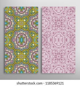 Vertical seamless patterns set, floral geometric lace texture for Wedding, Valentine's day, greeting card or Birthday Invitation. Decorative seamless doodle backgrounds. Ethnic ornament border pattern