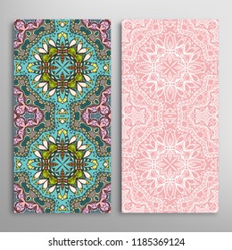 Vertical seamless patterns set, floral geometric lace texture for Wedding, Valentine's day, greeting card or Birthday Invitation. Decorative seamless doodle backgrounds. Ethnic ornament border pattern