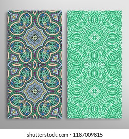 Vertical seamless patterns set, floral geometric lace texture for Wedding, Valentine's day, greeting card or Birthday Invitation. Decorative seamless doodle backgrounds. Ethnic ornament border pattern