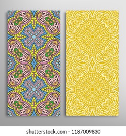 Vertical seamless patterns set, floral geometric lace texture for Wedding, Valentine's day, greeting card or Birthday Invitation. Decorative seamless doodle backgrounds. Ethnic ornament border pattern