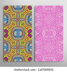 Vertical seamless patterns set, floral geometric lace texture for Wedding, Valentine's day, greeting card or Birthday Invitation. Decorative seamless doodle backgrounds. Ethnic ornament border pattern